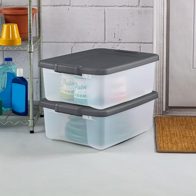 Sterilite 12-Pack ShelfTote Clear Plastic Storage Bins with Lids 25 Quart Gray - Stackable Organizing Container Boxes for Closet Bathroom and Office