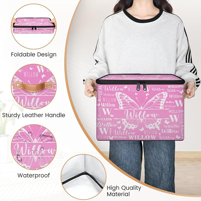 Custom Storage-Box With Name Personalized Butterfly Keepsake Basket with Zipper Lid for Kids Memory Bin Foldable Fabric Large Capacity Containers with Handle