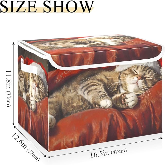 Storage Cube with Lid Sleeping Christmas Cat Print 16.5×12.6×11.8 IN Collapsible Large Capacity Foldable Storage Basket Bin Organizer