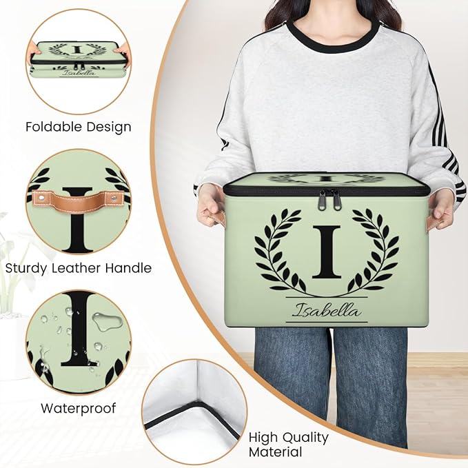 Custom Storage Bins with Lid Initial Name Personalized Storage Basket Boxes Eucalyptus Leaves Foldable Closet Organizer Cube Sage Green