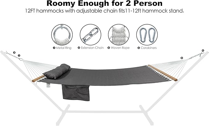 GAFETE Hammock 2 Person Quilted Fabric Hammocks for Outside Double 12ft Hammocks with Spreader Bar Large Removable Pillow Storage Bag Carabiners Max 475 lbs Capacity (Dark Grey)