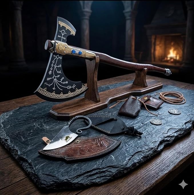 VK War Axe Viking Battle Axe Replica Ax - Handmade Forged Stainless Steel Axe Prop Tool with Viking Axe Hatchet Solid Wood Handle Skarde Seax Men's Gift