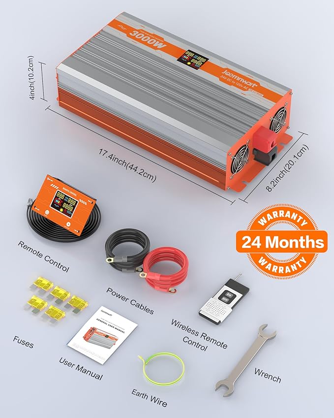3000 Watt Pure Sine Wave Inverter 24V DC to 120V AC 6000W Peak Power Inverter with 3AC OutletsType-C PD100W/PD30W Hardwire Port Remote Control for Truck RV Vehicles