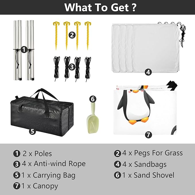 Penguins Beach Canopy Sun Shelter with Sandbags &amp Sand Shovel &amp Windproof Ropes - Portable 110x126 Beach Shade Beach Tent for Camping Picnics