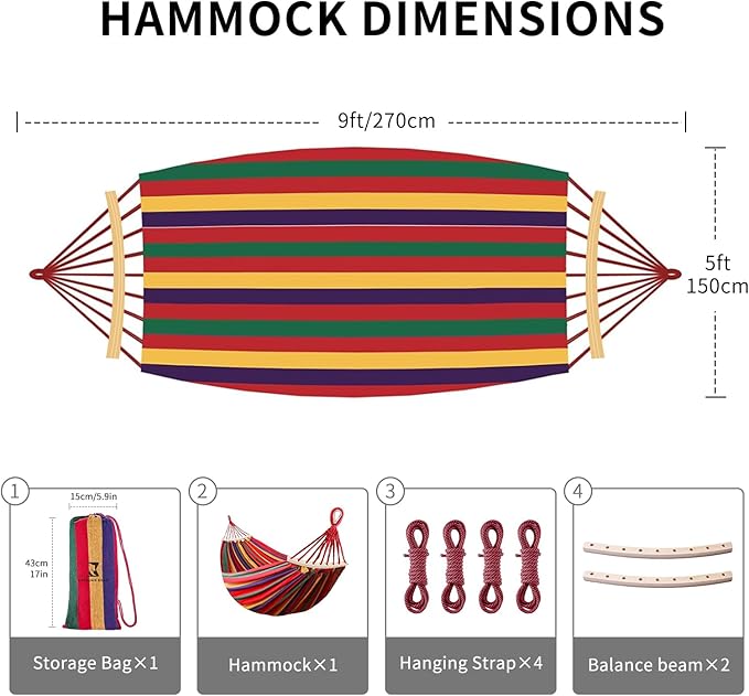 Hammock Cotton Canvas Hammock Portable Camping Hammock with Carrying Bag Two Anti Roll Balance Beam Metal Carabiner Ropes and Tree StrapsSuit for IndoorYardCampingOutdoor-Rainbow