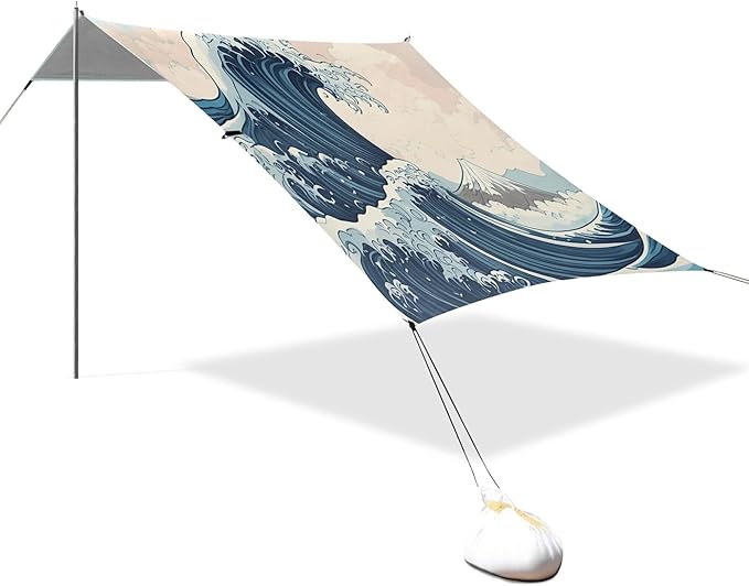 Waves Beach Canopy Sun Shelter with Sandbags &amp Sand Shovel &amp Windproof Ropes - Portable 110x126 Beach Shade Beach Tent for Camping Picnics