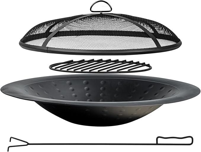 OutVue 35 inch Steel Fire Bowl for DIY or Replacement Existing Fire Pits Wood Burning Fire Pit Bowl with Spark Screen &ampFire Poker Fireplace for Backyard Porch Deck Camping BBQ (Circle Dot)