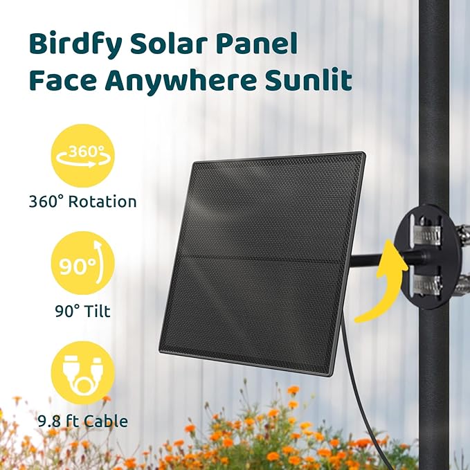 Birdfy 5W Solar Panel for Smart Bird Feeder Camera Type-C Charger for Birdfy Feeder 360° Adjustable Swivel Mount IP65 Waterproof for Outdoors 5W Continuously Power Supply (9.8ft Standard Cable)