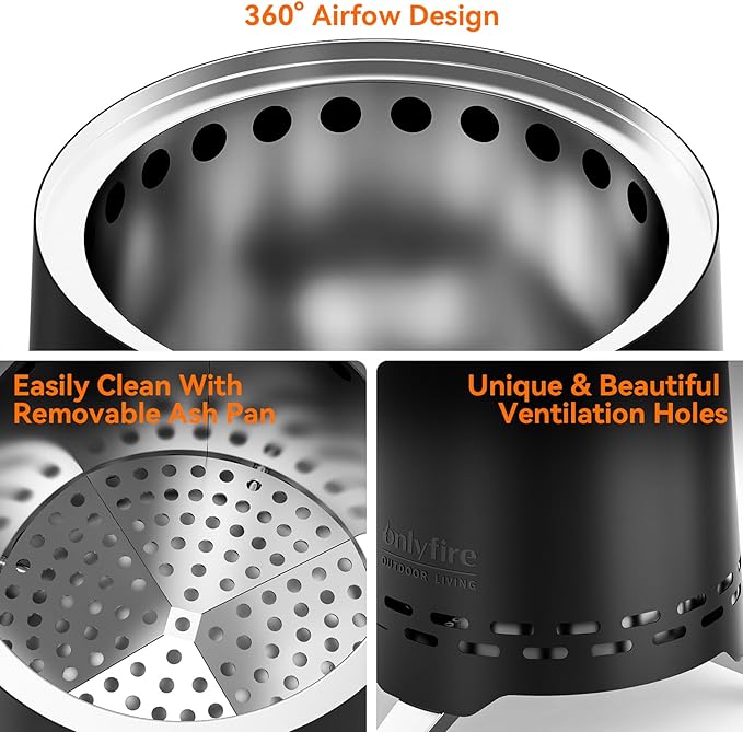 ONLYFIRE OUTDOOR LIVING 2-in-1 Smokeless Fire Pit with Pot Bracket &amp Carry Bag 7.8” Portable Camping Stove Wood Burning Mini Tabletop Fireplace for Patio Backyard RV Tailgating Black FP053