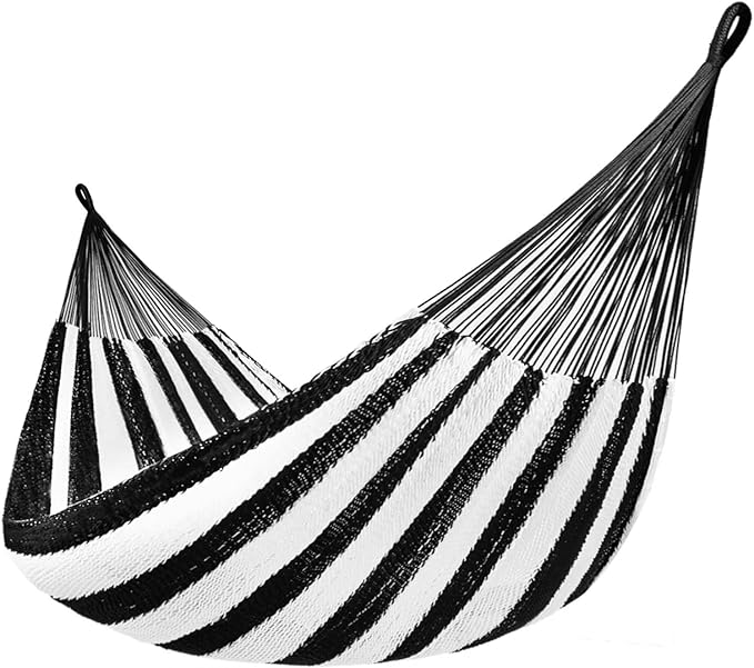 Lazy Daze Hammocks Handwoven Mayan Hammock 10.5 FT Soft Rope Double Hammocks Portable Outdoor Hammock with Carry Bag 2 Straps &amp Carabiners for Patio Outside 550 lbs Weight Capacity Black/Whit