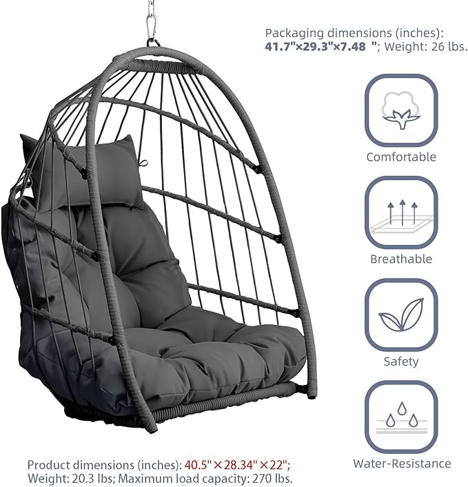 Outdoor Garden Rattan Egg Swing Chair Hanging Chair PE Hanging Chair GrayGray+Gray