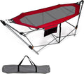 Portable Folding Hammock w/Side Pocket Lounge Camping Bed w/Metal Stand &amp Anti-tip Buckles Outdoor Camping Hammock with Carrying Bag for Patio Garden Yard Easy Assembly (Red)