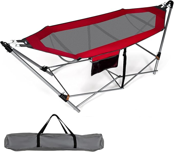 Portable Folding Hammock w/Side Pocket Lounge Camping Bed w/Metal Stand &amp Anti-tip Buckles Outdoor Camping Hammock with Carrying Bag for Patio Garden Yard Easy Assembly (Red)