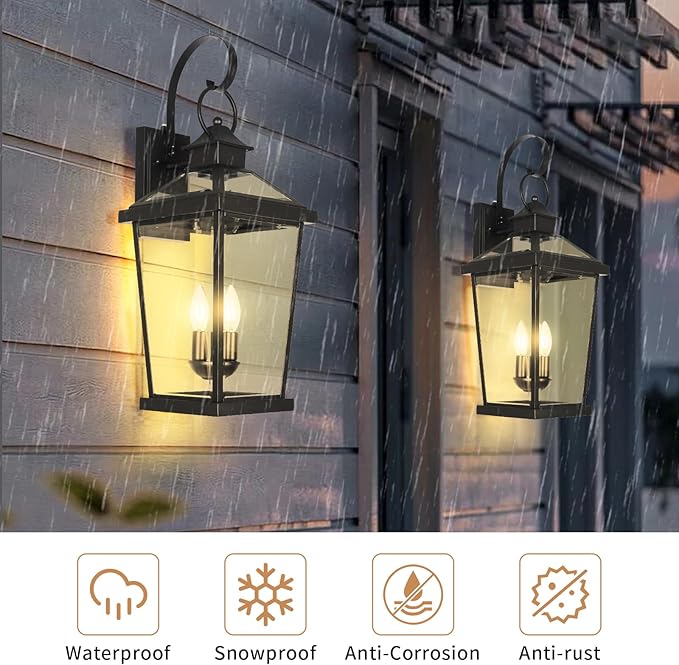 JYZ Dusk to Dawn Outdoor Wall Sconce 24 Inch Waterproof Exterior Wall Lantern with Textured Glass 2-Light Anti-Rust Classic Porch Light for Front Door Garage Patio Yard JYOWL06-BK-L