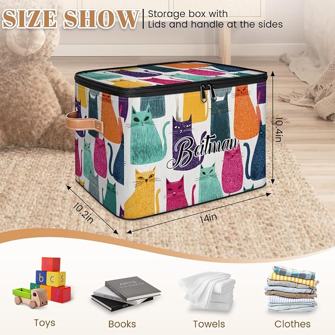 Storage-Bins with Lids Handle Customized Stackable-Storage-Bin for Kids-Boys-Girls-Toys Cube Collapsibl Basket Cats