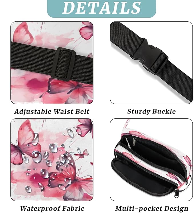 Watercolor Butterfly Waterproof Fanny Pack for Women Men Adjustable Waist Bag with Double Zipper Pockets Lightweight Square Hip Pack for Running Travel Hiking Workout Cycling