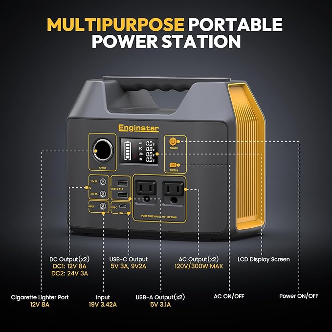 Portable Power Station EnginStar 300W Solar Generator 110V 296Wh Power Bank Two Pure Sine Wave AC Outlet 80000mAh Lithium Battery Pack for Camping Outdoors Trip RV Hunting Vans Emergency Backup