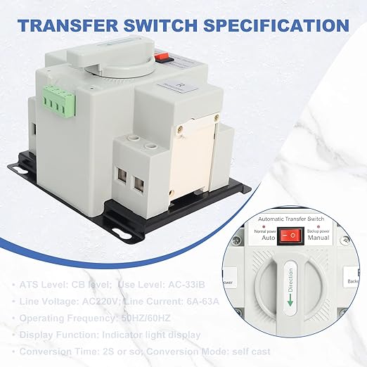 220V Automatic Transfer Switch Dual Power 2P 63A CE Certified ATS Generator Changeover Switch 50Hz/60Hz White