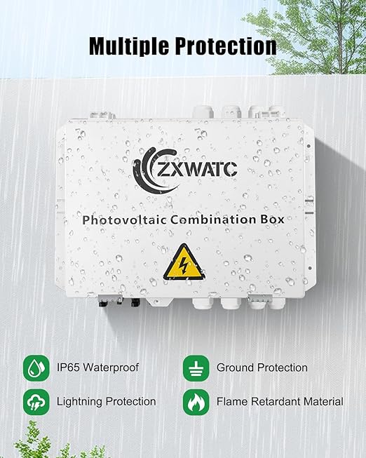 PV Combiner Box 2 String Solar Distribution Box with 25A 250A DC Circuit Breakers 63A125A AC Circuit Breakers and Surge Protection – IP65 Waterproof Perfect for 8K-10KW Solar Inverter Systems
