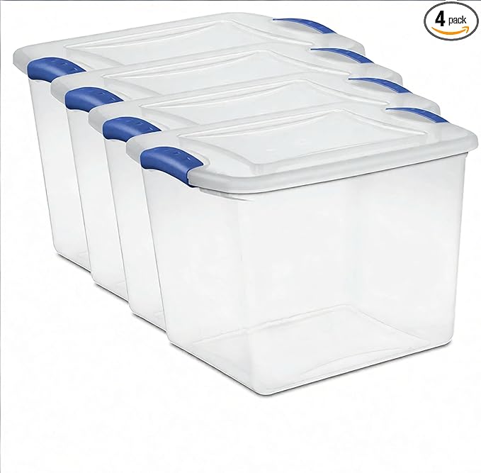 (4 pack) 27 Quart Clear Latching Storage Bin with Lid Stackable Plastic Container for Shelves Closet &amp Craft Storage