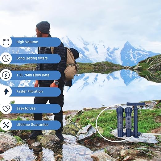 Emergency Water Filter Large Water Filtration System Survival - Hand Pump Water Filter High Volume Water Purifier Camping 3 Stage Water Filtration System Outdoor Portable Group Military Grade