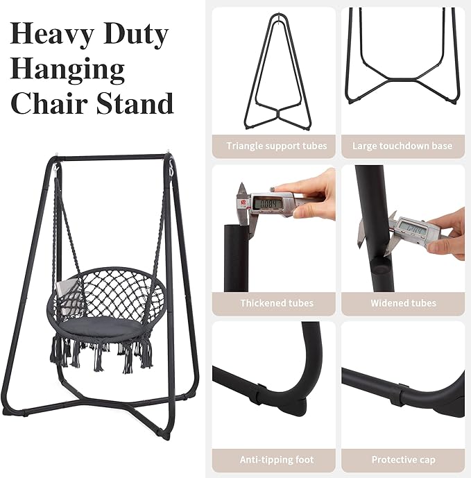 SUNCREAT Hammock Chair with Stand Included Heavy Duty Hanging Chair with Stand 330 lbs Capacity Patent Pending Grey