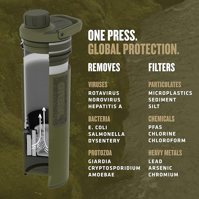 GRAYL UltraPress 16.9 oz Water Purifier &amp Filter Bottle for Hiking Backpacking Survival Travel (Olive Drab)