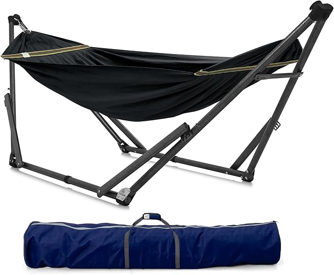 Tranquillo Uniki Hammock with Stand for Outside Portable Hammock 550lbs Capacity Deluxe Double Hammock Stand Collapsible Camping Hammock and Stand Black