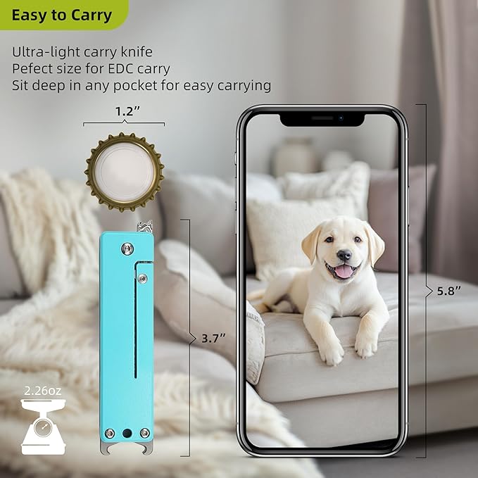 ALBATROSS Blue Damascus Cute Dog Pattern Pocket Knife - Stocking Stuffer for Men 3.5 Titanium Alloy Box Cutter - EDC Keychain Gadgets with Bottle Opener Mothers Day Fathers Day Gift for Dog Lovers