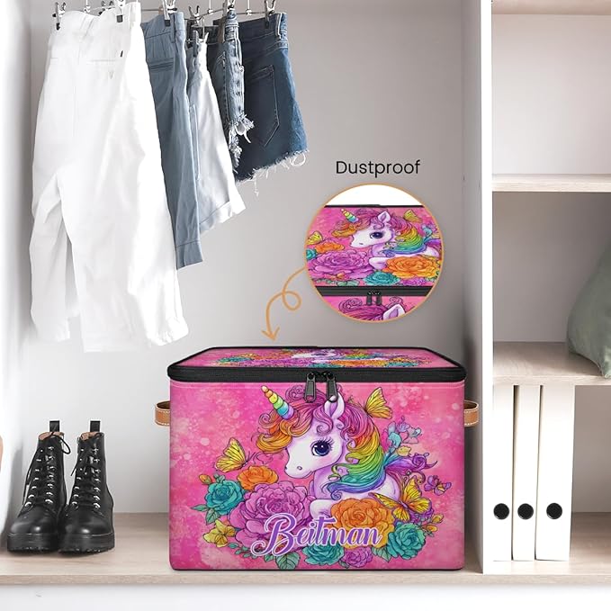 Storage-Bins with Lids Personalized Closet-Storage-Bins Under-Bed Stackable-Cubes-Box for Home Bedroom Unicorn Pink Floral