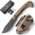 DRACHENADER Survival Knife with Fire Starter L-Y 7.68 Full Tang Small Fixed Blade Knife with Belt Clip Khaki + Stonewashed Black
