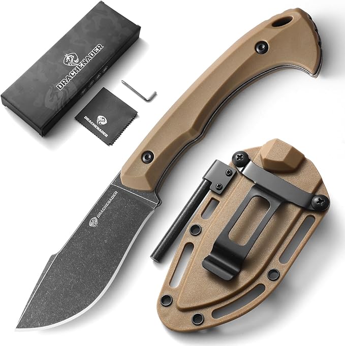 DRACHENADER Survival Knife with Fire Starter L-Y 7.68 Full Tang Small Fixed Blade Knife with Belt Clip Khaki + Stonewashed Black