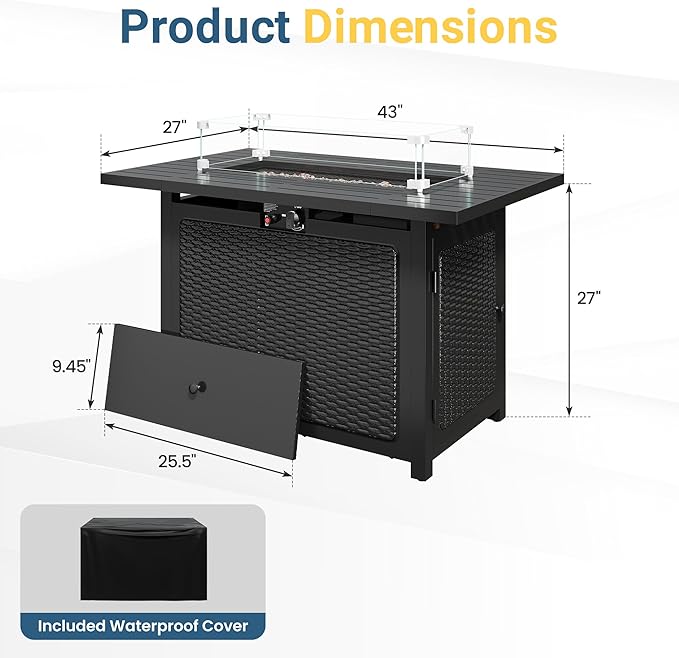 43” Outdoor Propane Fire Table Set with Heavy-Duty Glass Stones Glass Wind Guard Lid &amp Water-Resistant Cover 50000 BTU Metal Fire Pit Table Rectangle Fire Pit Table for Patio Deck