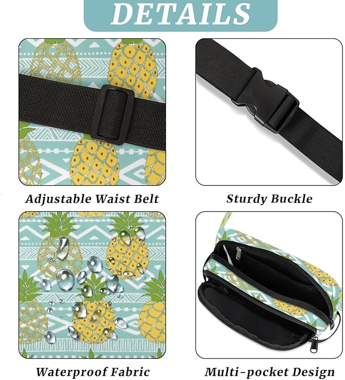 Hand Painted Cute Pineapple Waterproof Fanny Pack for Women Men Adjustable Waist Bag with Double Zipper Pockets Lightweight Square Hip Pack for Running Travel Hiking Workout Cycling