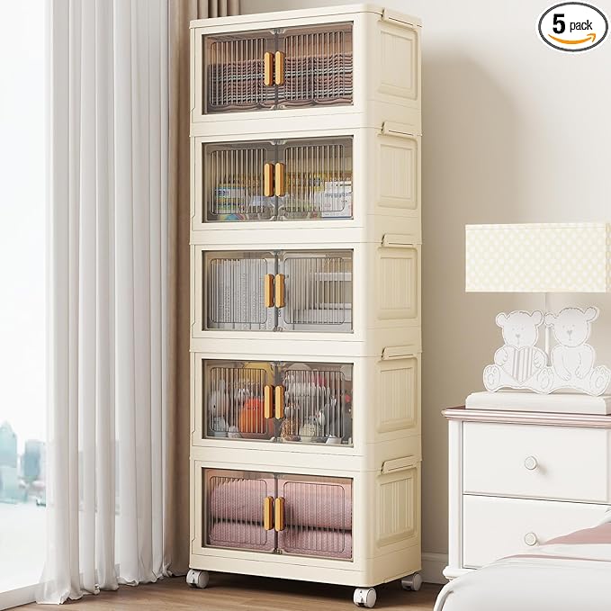 5 Tier Stackable Plastic Storage Bins with Lids 48QT Collapsible Closet Organizers and Storage with Wheels for Living RoomOfficeDorm
