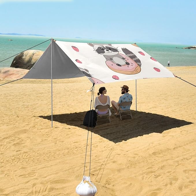 ALAZA Cute Raccoons Donut Strawberry Beach Tent Sun Shelter Portable Canopy Sunshade for Outdoor Camping Picnics Backyard Fun 10x9 ft
