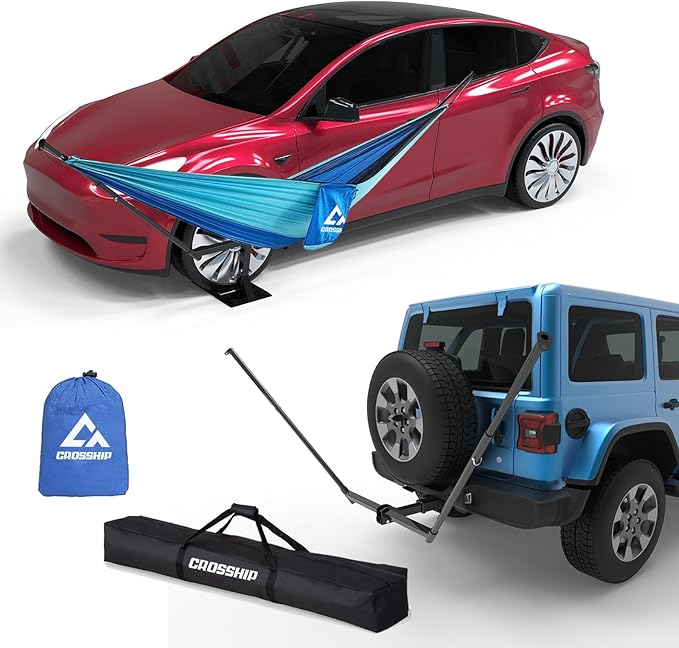 Tire Mount Hammock Stand - Fits Vehicle Tire &amp 2in Hitch Receiver - Includes Parachute Nylon Hammock &amp Storage Bag - for Camping Outdoor Travel (350lbs Weight Capacity) - 2025 New