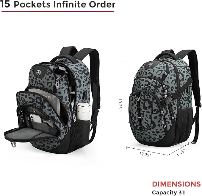Swissdigital Laptop Backpack with USB Charging Port Travel Backpack Fits 15.6 inches Computer 31L Backpack for Men Gray Leopard | SD803-101