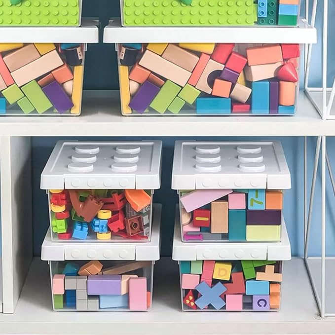 loobuu Plastic Storage Bins with Lids - Stackable Toy Storage Organizer Box Set of 2 Toy Chests with Compatible Building Baseplate and Lid Storage Container for Building Bricks &amp Toys- White