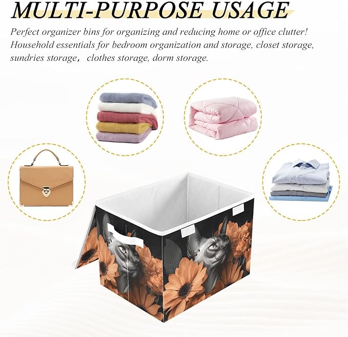 AIXIWAWA Lidded Storage Cube (Sphynx Cat Floral) Fabric Foldable Closet Bins with Flip Lid and Handles Organizer Basket Container 16.5 x 12.6 x 11.8 IN