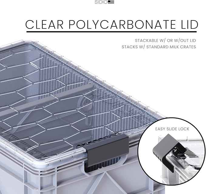 SIDIO CRATE Starter Pack - Two Full Size and One Half Size SidioCrate Stackable Outdoor Organizer Storage Bins with Clear Lid and Dividers - Gray