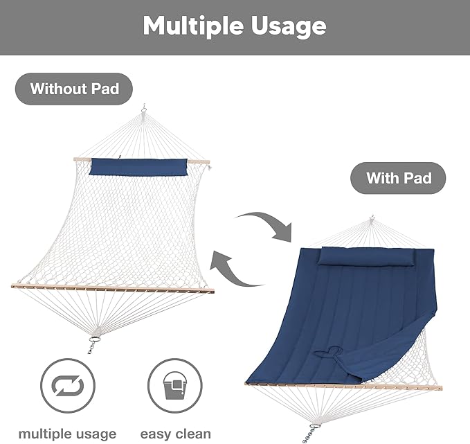 SUNCREAT Hammocks Outdoor Double Hammock with Hardwood Spreader Bar 475 lbs Capacity Heavy Duty 15 FT Hammock with Large Soft Pillow Dark Blue