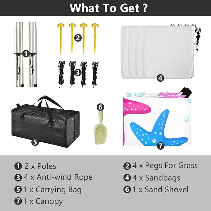 xigua Starfish Beach Tent Sun Shelter with Carrying Bag - Silver Coated Oxford Fabric Beach Canopy for Beach Camping Fishing - Includes Windproof Ropes Sandbags &amp Stakes