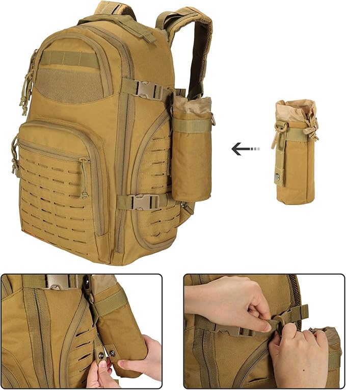 LiveGo 45L Military Tactical Backpack Hiking Trekking Rucksack with Water Bottle Sleeve - Suitable for Hiking Climbing Traveling (Light Brown)