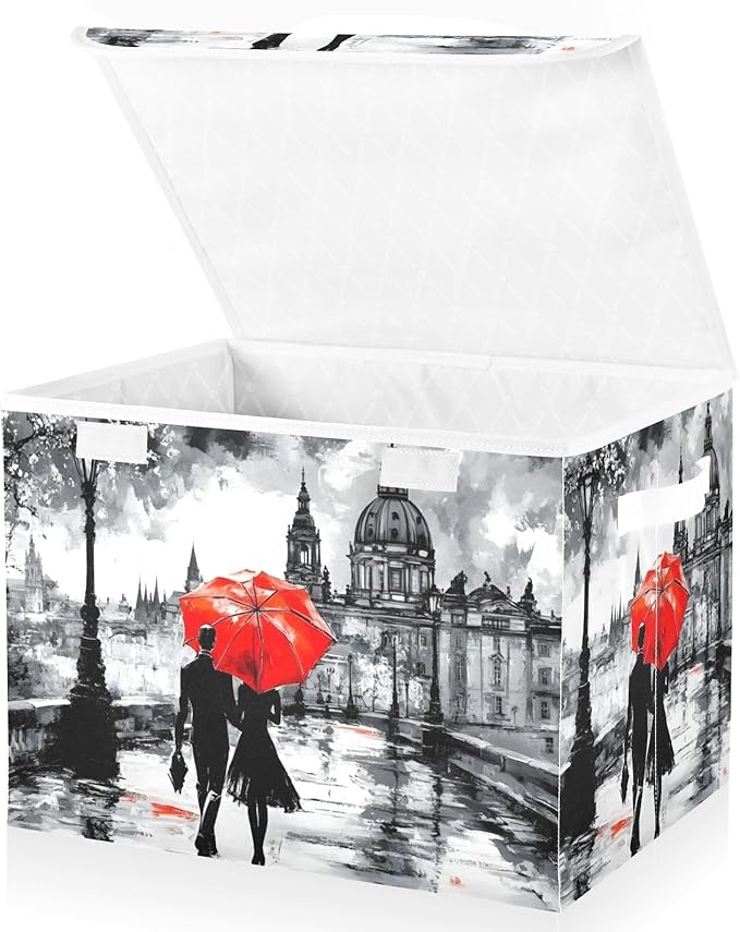 Romantic Woman Art Large Linen Storage Bins with Lid &amp Handle Foldable Storage Cubes Organizer Box Basket with Flip-Top Lid for Home Office 16.5” x 12.6” x 11.8”