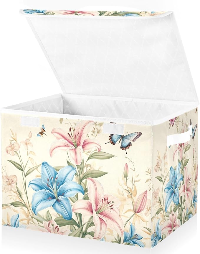 Collapsible Storage Bins with Lids Decorative Fabric Storage Cubes Closet Organizer and Storage Basket Boxes Containers for Clothes Box Chest Nursery Folding Rectangle Pretty Lily Flowers and