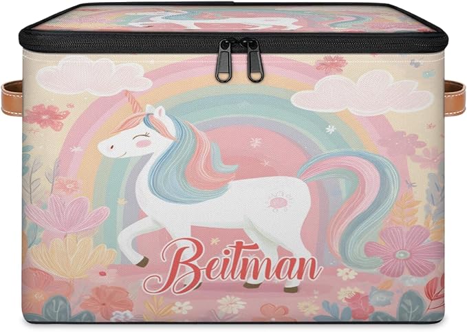 Storage-Bins with Lids Handle Customized Stackable-Storage-Bin for Kids-Boys-Girls-Toys Cube Collapsibl Basket Flowers Unicorn Rainbow