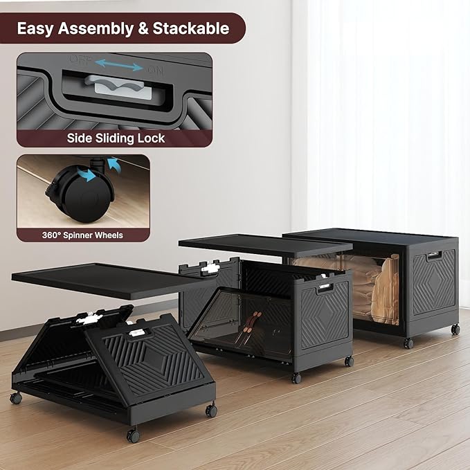 Stackable Storage Bins with Lids Collapsible Storage Boxes Foldable Plastic Storage Drawers for BedroomOffice Dorm (1 Black XL)