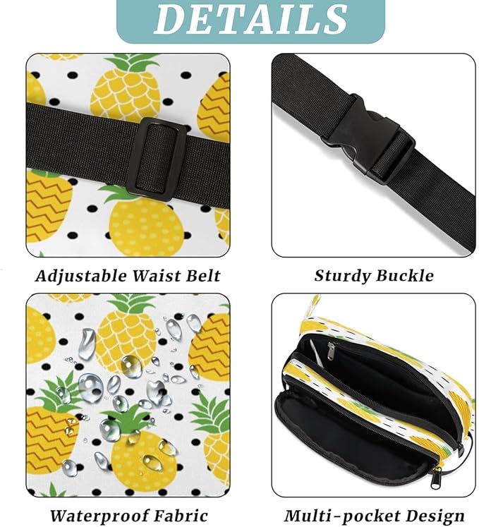 Watercolor Pineapple Polka Dots Waterproof Fanny Pack for Women Men Adjustable Waist Bag with Double Zipper Pockets Lightweight Square Hip Pack for Running Travel Hiking Workout Cycling
