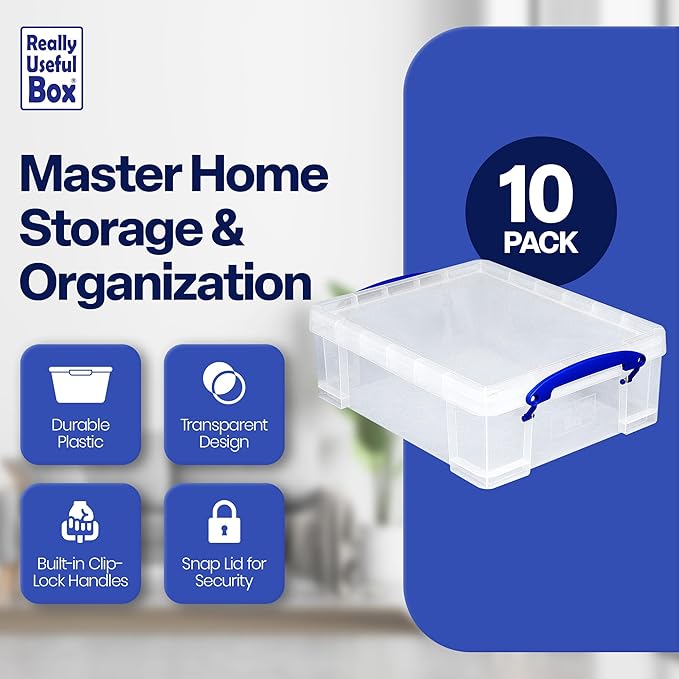 Really Useful Box Stackable 8.1L Plastic Storage Container Bin with Snap Lid &amp Built-in Clip Lock Handles for Home &amp Office Organization (10 Pack)
